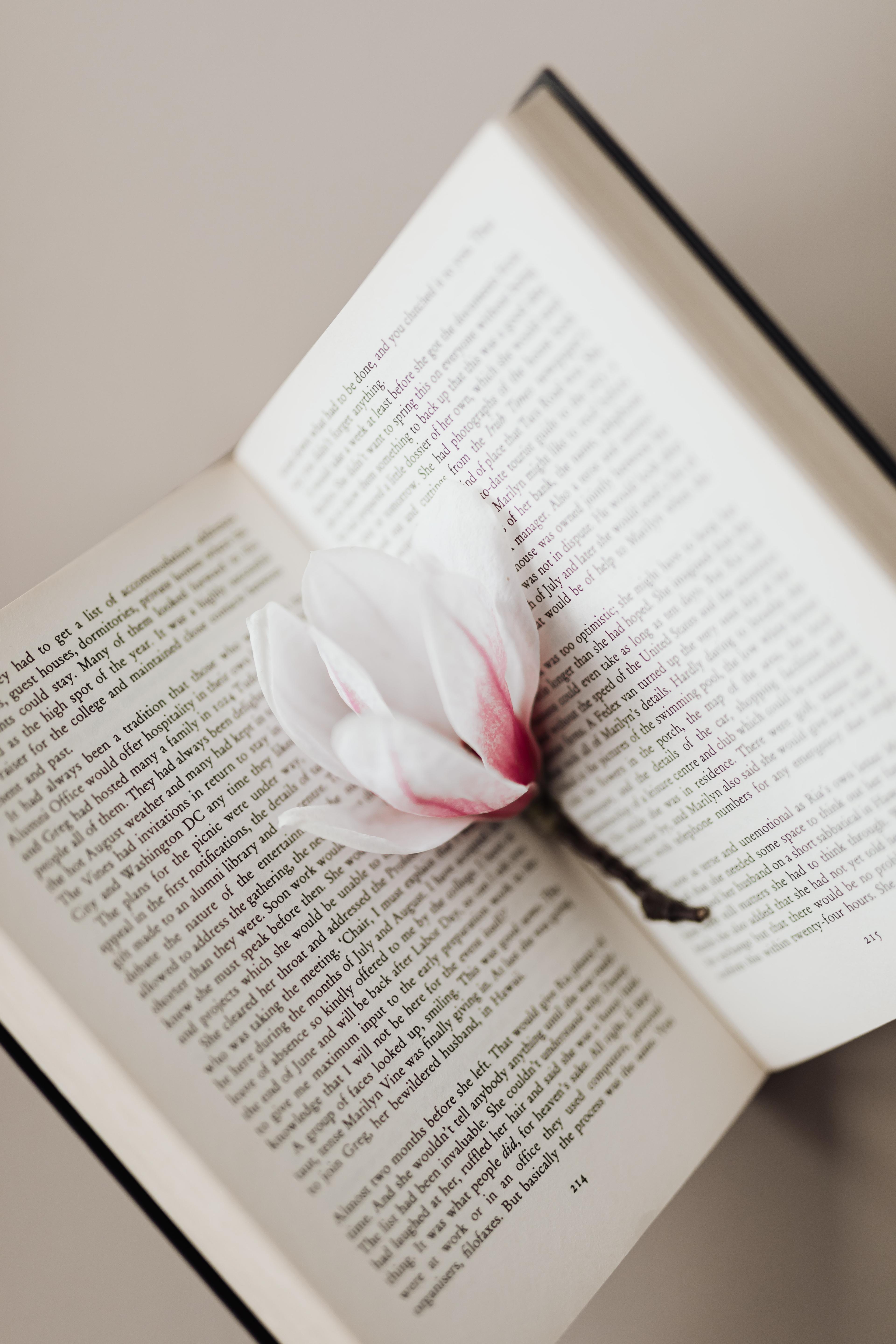 An open book with a magnolia flower resting on the page